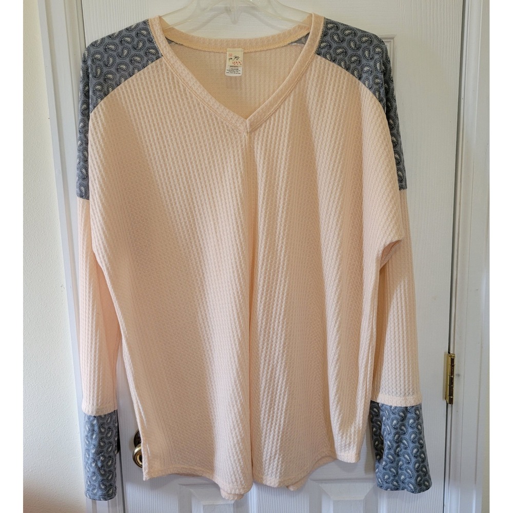 7th Ray Ivory Waffle Knit Paisley Mixed Media V-Neck Top Plus Size 3XL